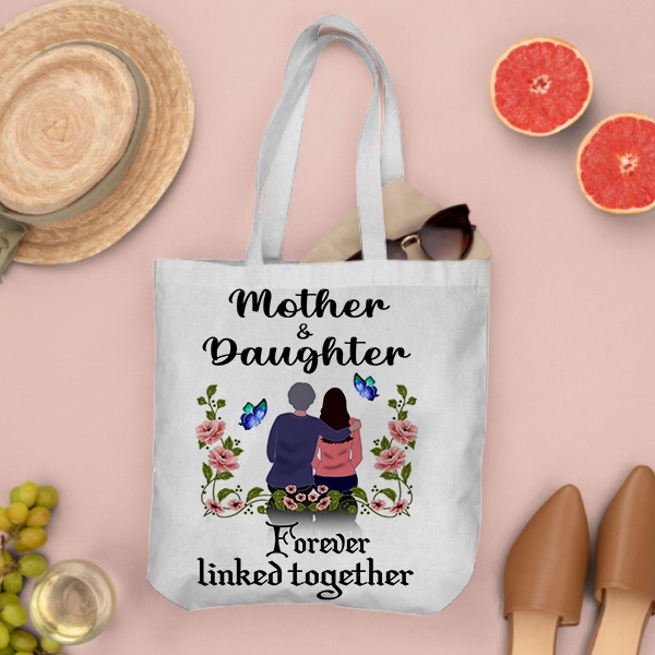 Mother and Daughter Forever Linked Together Customized Full Print Canvas  Tote Bag for Women Men
