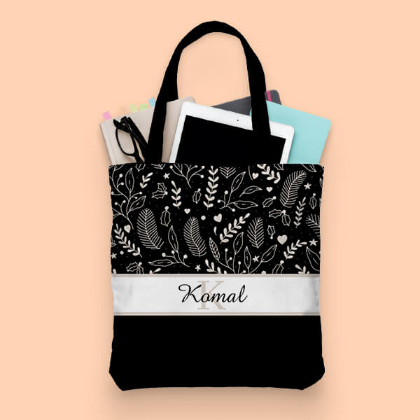 Black Leaves Pattern Design Customized Full Print Tote Bag for Women Men - Main Image